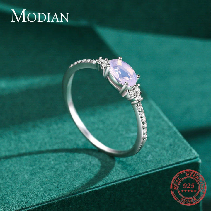 925 Sterling Silver Ring with MoonStone Pink Quartz and Zirconias