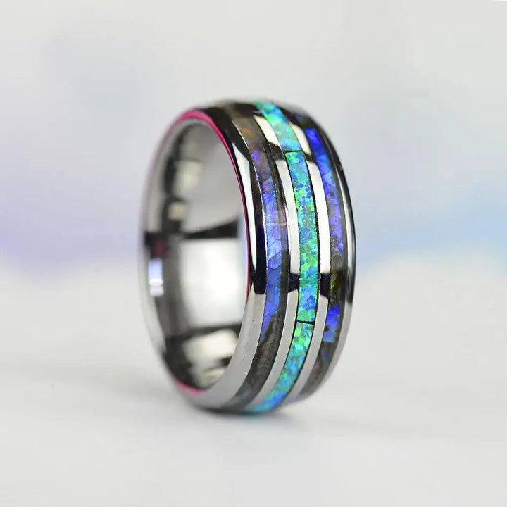 Fashion 8mm Rose Gold Color Tungsten Wedding Men Stainless Steel Rings Inlay Abalone Shell Blue Opal Rings Men Wedding Jewelry