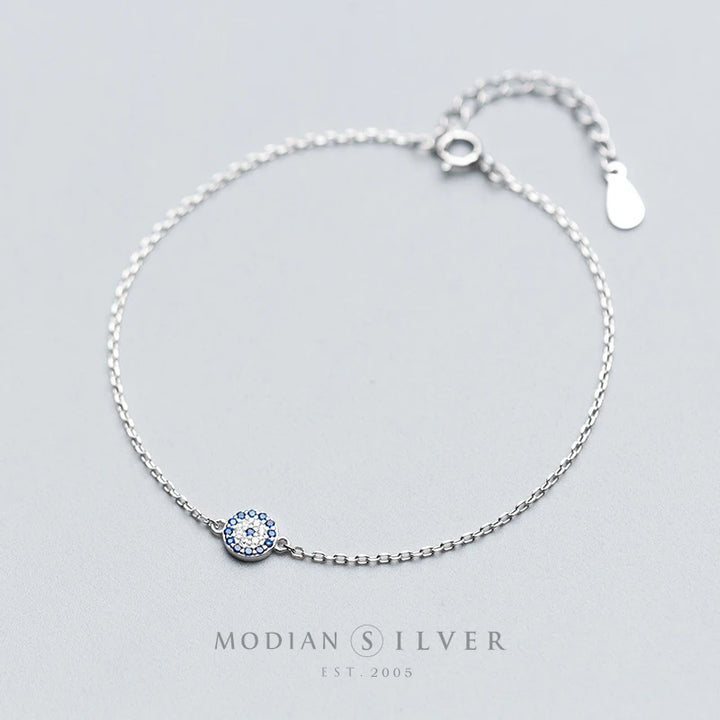 Crystal Blue Round Eyes Sterling Silver Chain Bracelet