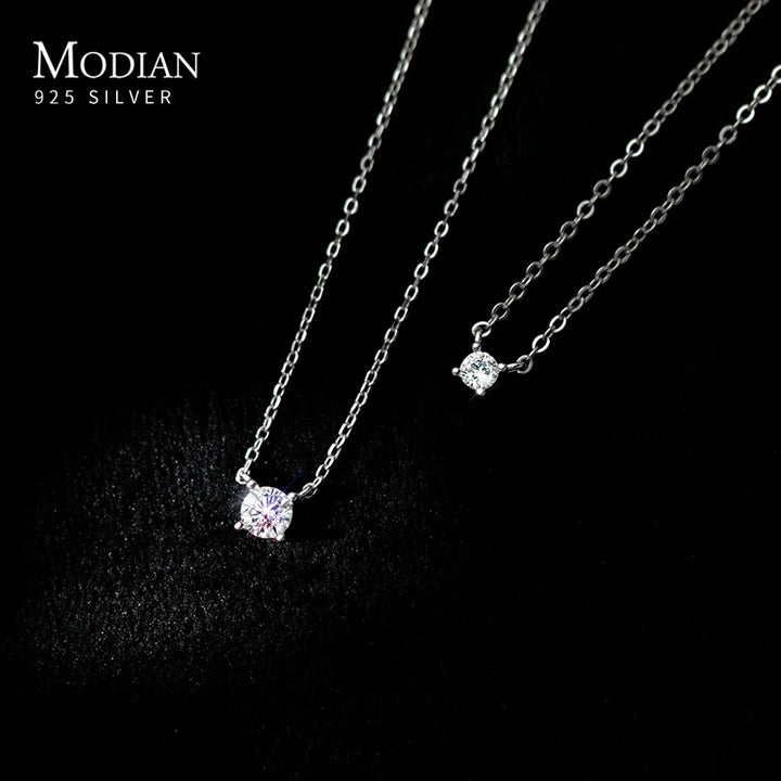 Modian Brands Simple 925 Sterling Silver Geometric Cut Sparkling Zircon Pendant Necklace for Women Wedding Engagement Jewelry