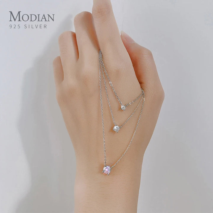 Modian Brands Simple 925 Sterling Silver Geometric Cut Sparkling Zircon Pendant Necklace for Women Wedding Engagement Jewelry