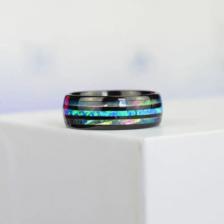 Fashion 8mm Rose Gold Color Tungsten Wedding Men Stainless Steel Rings Inlay Abalone Shell Blue Opal Rings Men Wedding Jewelry