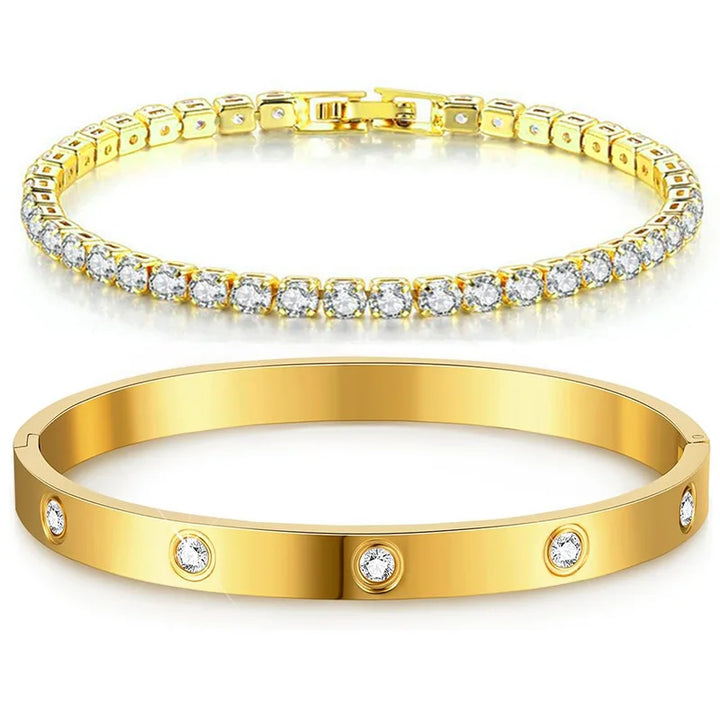 Stainless steel bracelet plated in 14k gold and 925 sterling silver with cubic zirconia