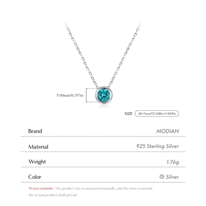 MODIAN 925 Sterling Silver Teal Round Zirconia Pendant Necklace White Gold Plated Neck Link Chain For Women Party Jewelry Gift