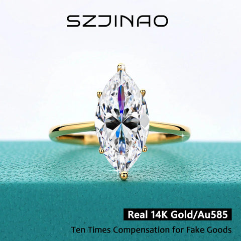 14K Gold Moissanite Diamond Rings for Women Marquise Cut 3CT VVS1 Au585 Luxury Jewelry for Engagement Wedding Christmas Gifts