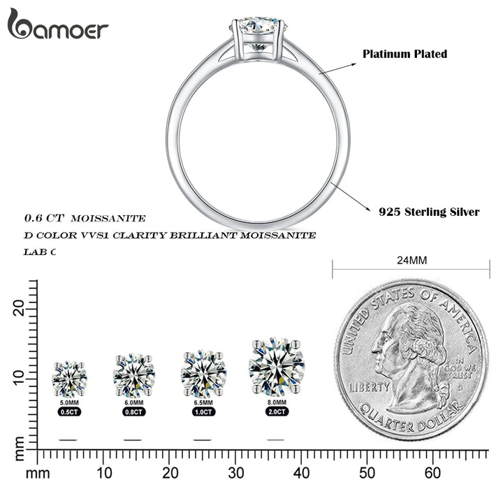 BAMOER Moissanite Ring for Women, 925 Sterling Silver with Platinum Plated Engagement Ring Solitaire 4 Prongs Eternity Band