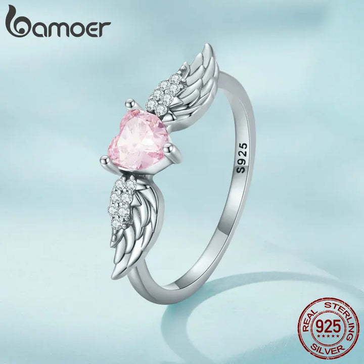 BAMOER 925 Sterling Silver Angel Wing Ring for Women Fine Jewelry Pink Heart Zircon Eternity Band Ring Wedding Gift SCR874