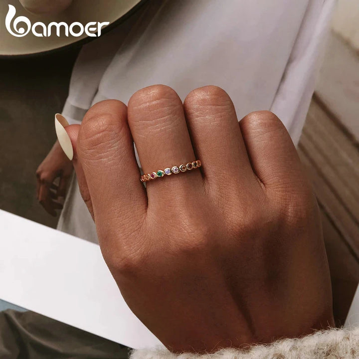 BAMOER 925 Sterling Silver Rainbow Zircon Finger Ring for Women Trendy Fashion Dazzling CZ Stone Anillos Jewelry Gift SCR714