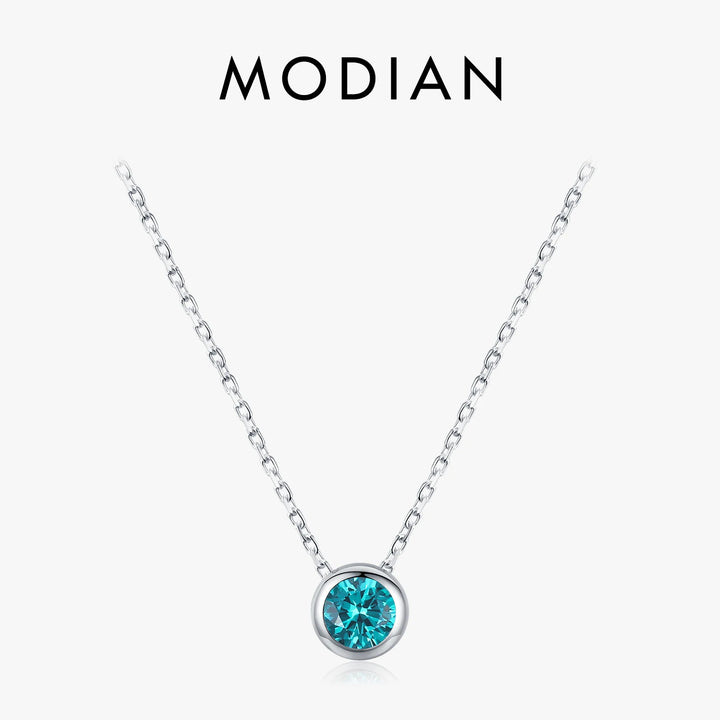 MODIAN 925 Sterling Silver Teal Round Zirconia Pendant Necklace White Gold Plated Neck Link Chain For Women Party Jewelry Gift