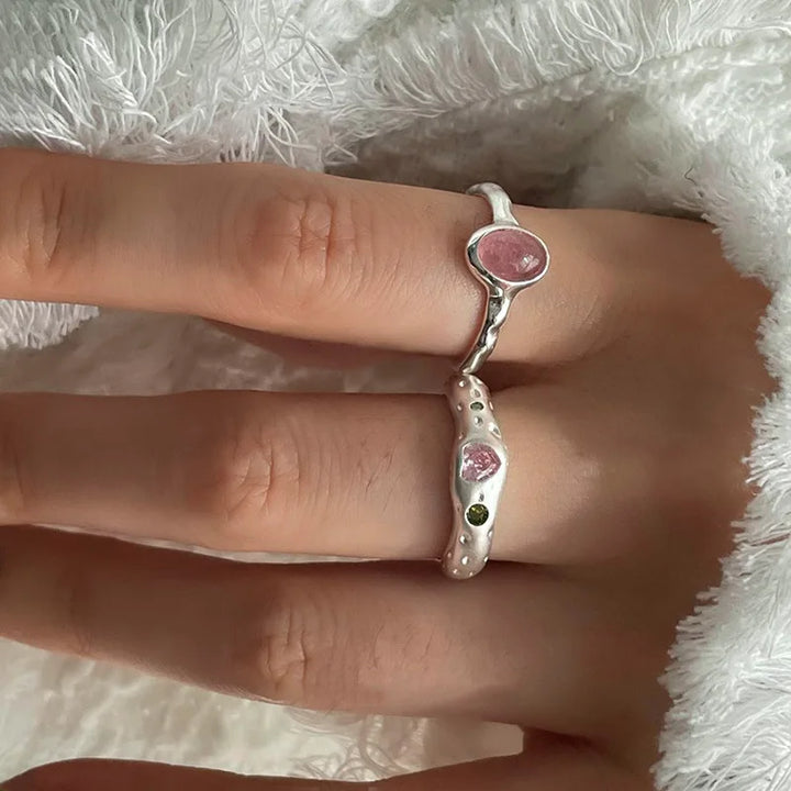 925 Sterling Silver Simple Retro Pink Stone Rings For Women Geometric Fashion Smiple Open Handmade Allergy Party Jewelry Gift