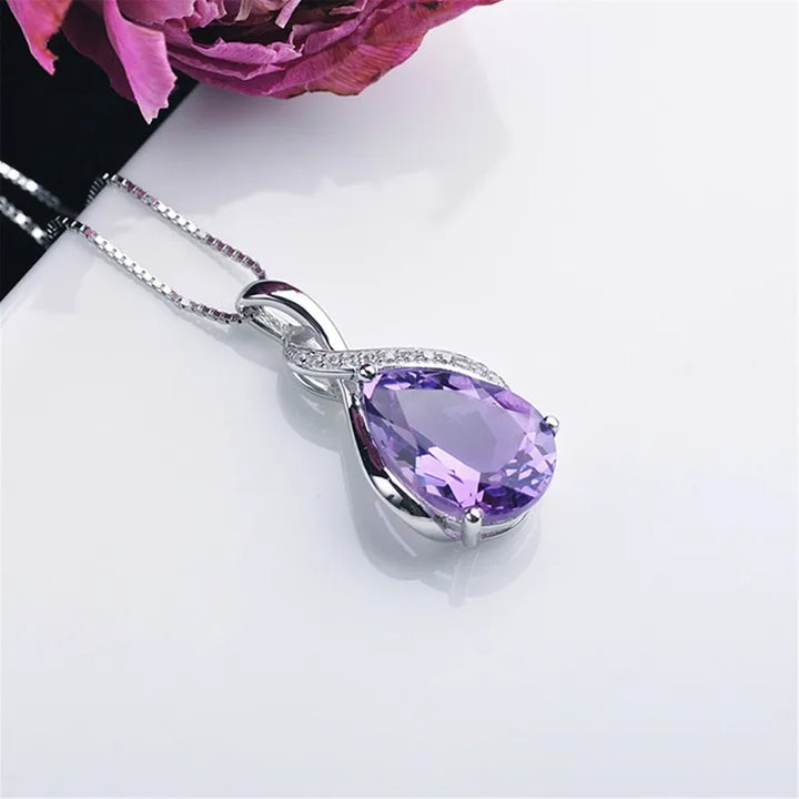 Buyee 925 Sterling Silver Stone Pendant Chain Natural Amethyst & Aquamarine Necklace for Woman Girl Fashion Fine Jewelry Chain