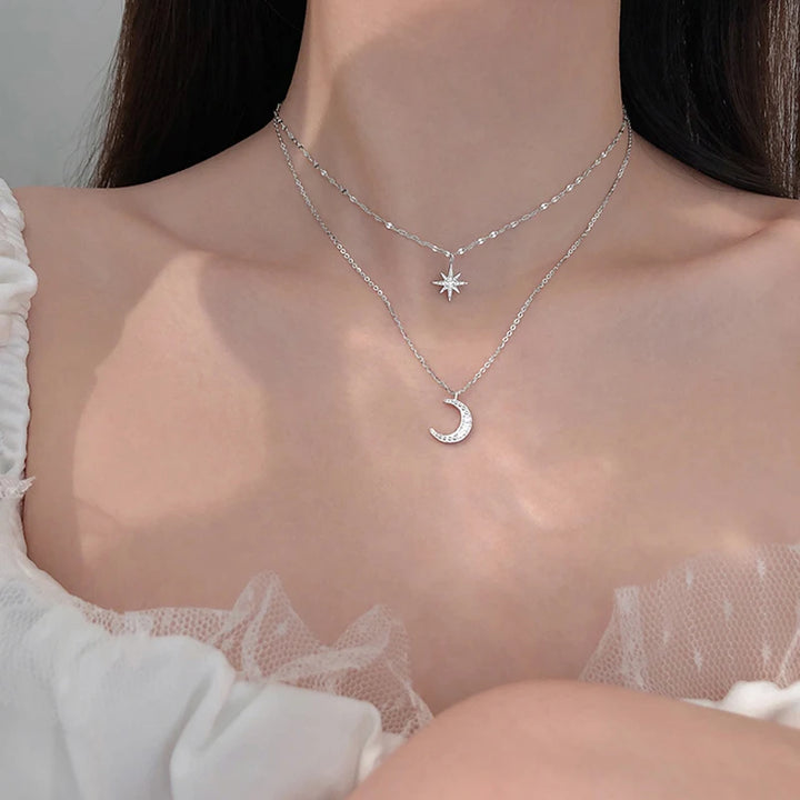 Hot S925 Silver Double Star Chain Layer Moon Clavicle Necklace Female Fashion Hip-hop Retro Unique Design Wedding Fine Jewelry