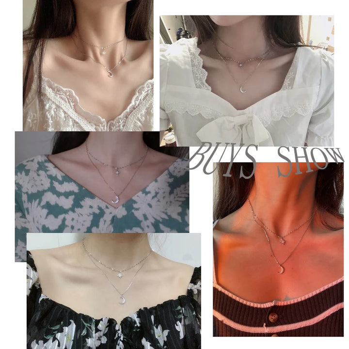 Hot S925 Silver Double Star Chain Layer Moon Clavicle Necklace Female Fashion Hip-hop Retro Unique Design Wedding Fine Jewelry