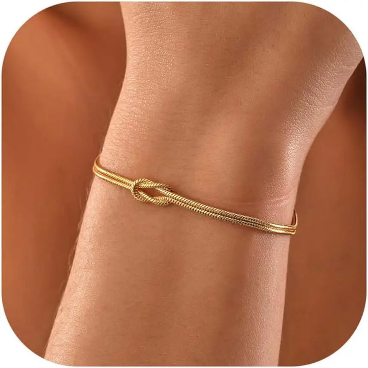 14K Gold Plated Stainless Steel Love Knot Snake Chain Bracelet