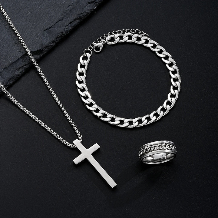 3 Pieces Stainless Steel Bracelet Necklace and Ring for Men Women Retro