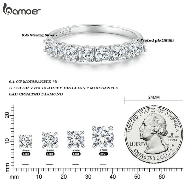 BAMOER 0.8CT D Color VVS1 EX Round Moissanite Ring 925 Sterling Silver Eternity Ring Women Engagement Wedding Luxury Band