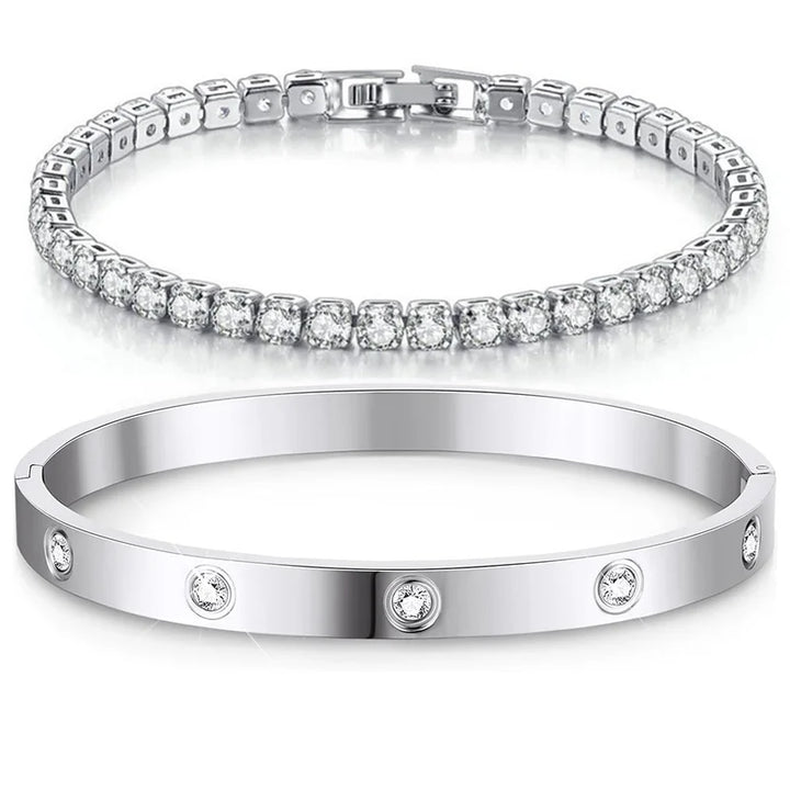 Stainless steel bracelet plated in 14k gold and 925 sterling silver with cubic zirconia