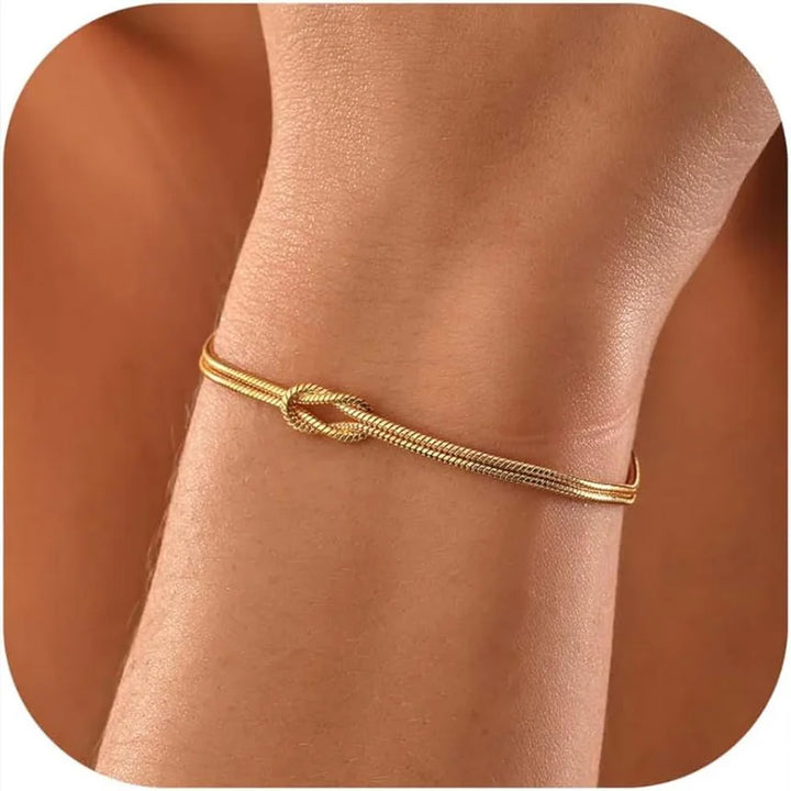 14K Gold Plated Stainless Steel Love Knot Snake Chain Bracelet