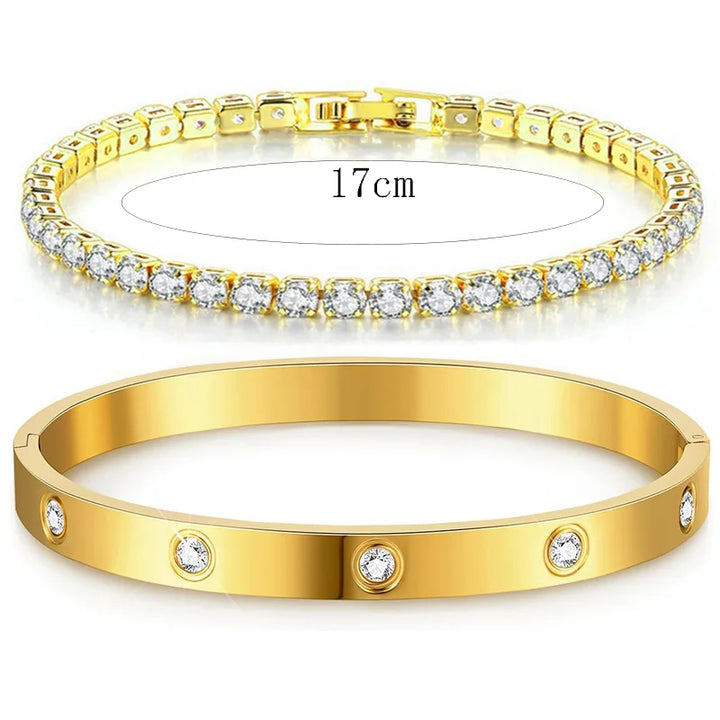 Stainless steel bracelet plated in 14k gold and 925 sterling silver with cubic zirconia