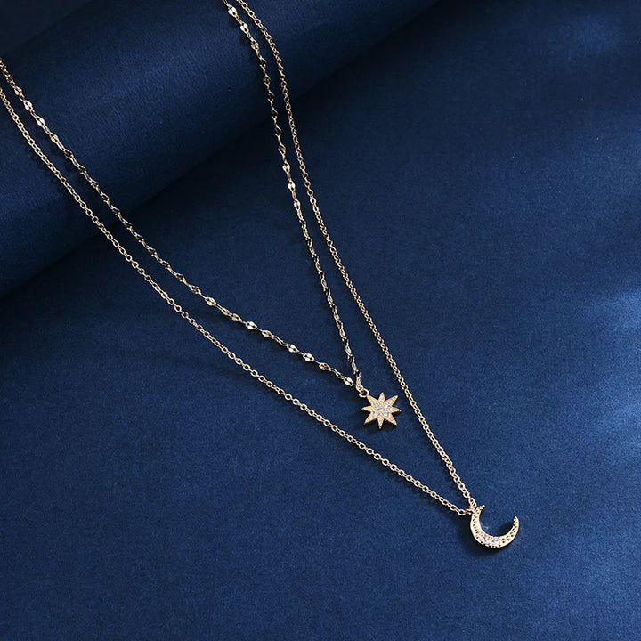 Hot S925 Silver Double Star Chain Layer Moon Clavicle Necklace Female Fashion Hip-hop Retro Unique Design Wedding Fine Jewelry