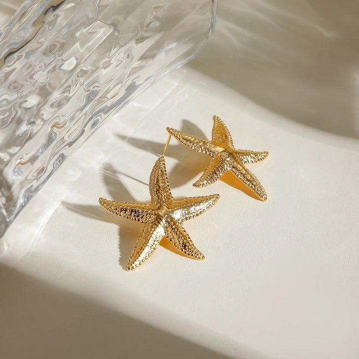 18K Gold Plated Stainless Steel Starfish Stud Earrings Anti Allergic Metal Waterproof Statement Jewelry for Women Beach Gift