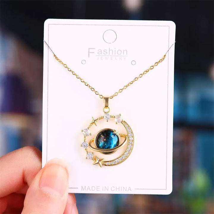 Stainless steel planet moon pendant necklace