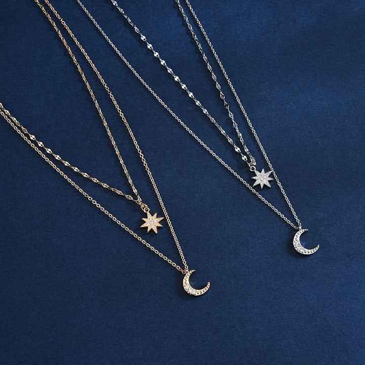 Hot S925 Silver Double Star Chain Layer Moon Clavicle Necklace Female Fashion Hip-hop Retro Unique Design Wedding Fine Jewelry