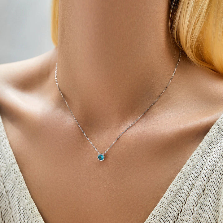 MODIAN 925 Sterling Silver Teal Round Zirconia Pendant Necklace White Gold Plated Neck Link Chain For Women Party Jewelry Gift