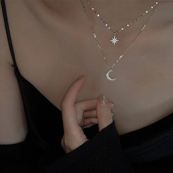 Hot S925 Silver Double Star Chain Layer Moon Clavicle Necklace Female Fashion Hip-hop Retro Unique Design Wedding Fine Jewelry