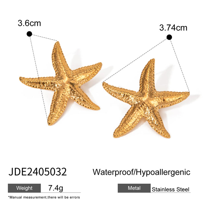 18K Gold Plated Stainless Steel Starfish Stud Earrings Anti Allergic Metal Waterproof Statement Jewelry for Women Beach Gift