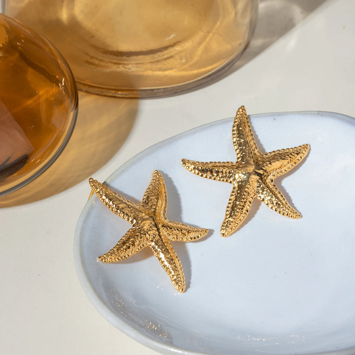 18K Gold Plated Stainless Steel Starfish Stud Earrings Anti Allergic Metal Waterproof Statement Jewelry for Women Beach Gift