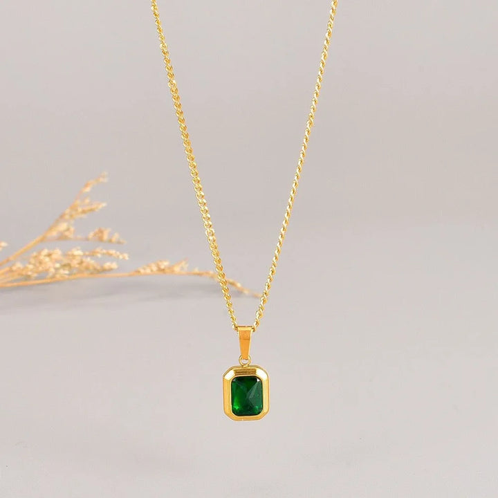 OIMG 316L Stainless Steel Gold Plated Emerald Zirconia Geometric Square Pendant Necklace For Women Girls Temperament Jewelry