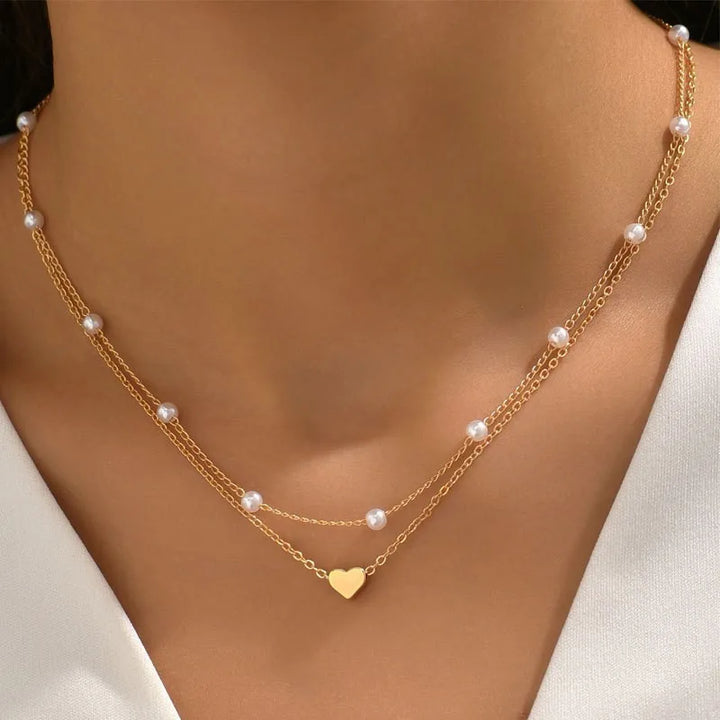 14K Gold Plated Pearl Necklace Love Heart Pendant