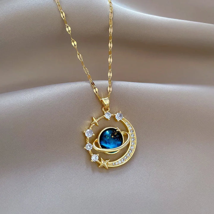 Stainless steel planet moon pendant necklace