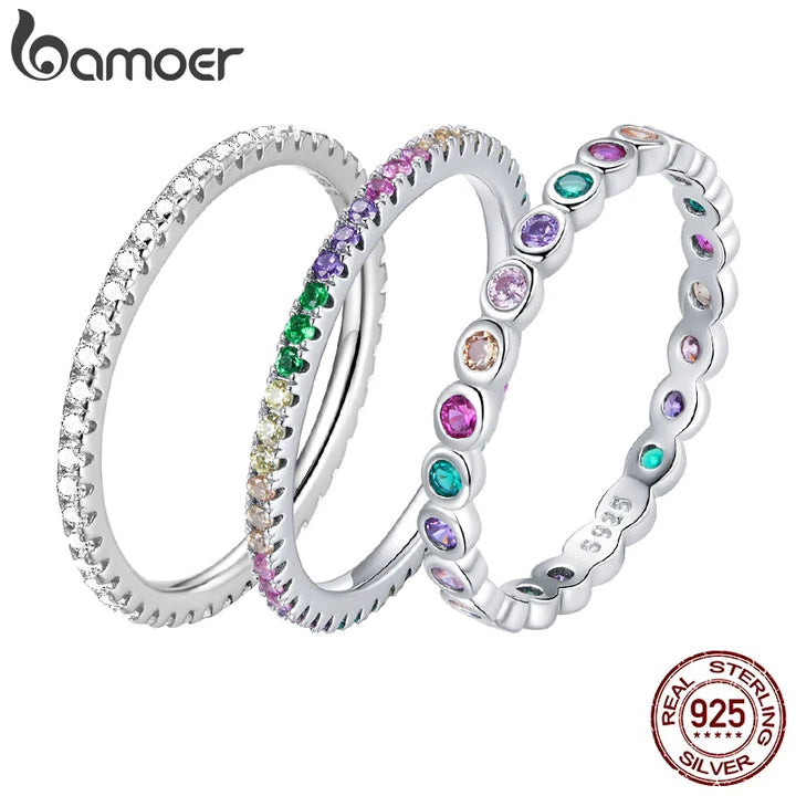 BAMOER 925 Sterling Silver Rainbow Zircon Finger Ring for Women Trendy Fashion Dazzling CZ Stone Anillos Jewelry Gift SCR714