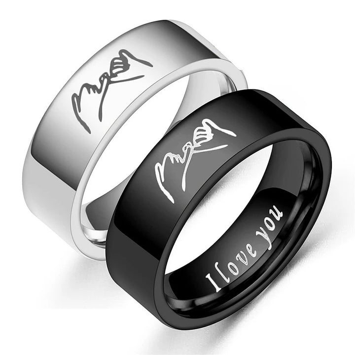 Fashionable And High-end Titanium Steel Ring Jewelry Gift For Couples Engraved With "I Love You" Letters And Hand-In-Hand Patter