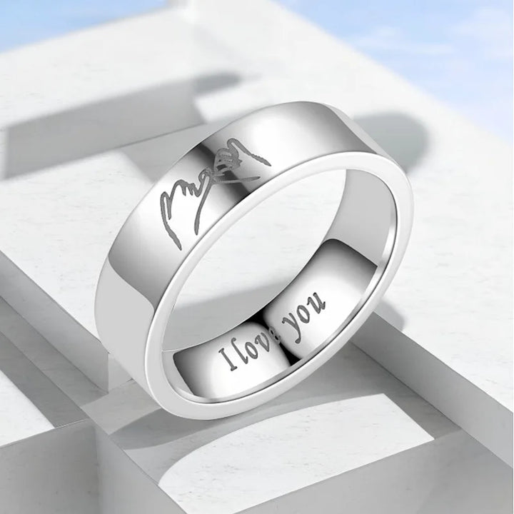 Fashionable And High-end Titanium Steel Ring Jewelry Gift For Couples Engraved With "I Love You" Letters And Hand-In-Hand Patter