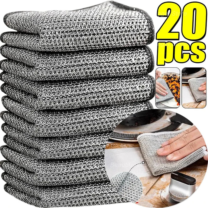 20/5pcs Thickened Steel Wire Cleaning Cloth Non-Scratch Double-layer Iron Microfiber Mesh Dishrag Washing Pot Rags Kitchen Towel