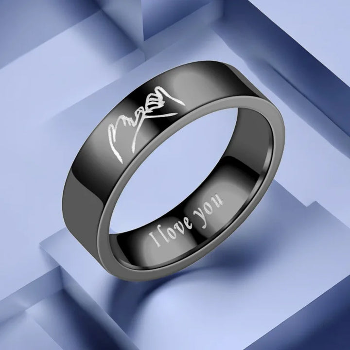 Fashionable And High-end Titanium Steel Ring Jewelry Gift For Couples Engraved With "I Love You" Letters And Hand-In-Hand Patter