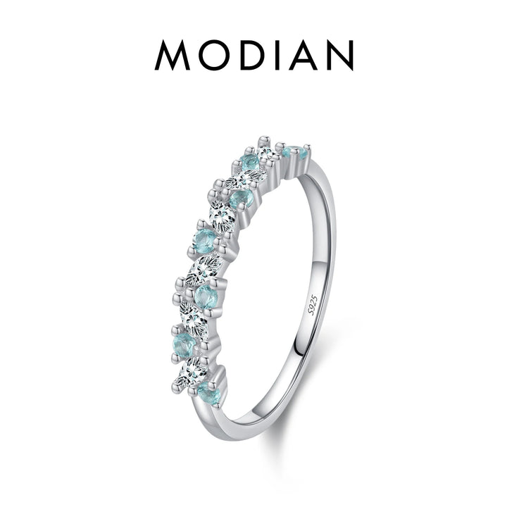 MODIAN 925 Sterling Silver Exquisite Eternity Band Paraiba Color CZ Ring Mint Green Stackable Rings For Women Fine Jewelry