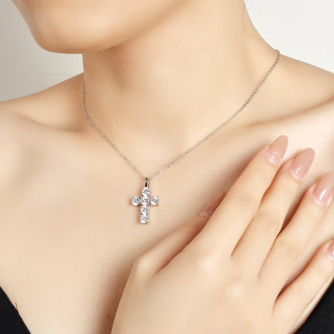Sterling Silver Necklace with Diamond Jesus Cross Pendant - Original and GRA certified moissanite