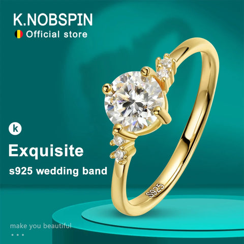 KNOBSPIN 6.5mm D Color Moissanite Rings for Women Lab-grow Diamond with Certificate 18k Plated s925 Sterling Silver Wedding Ring