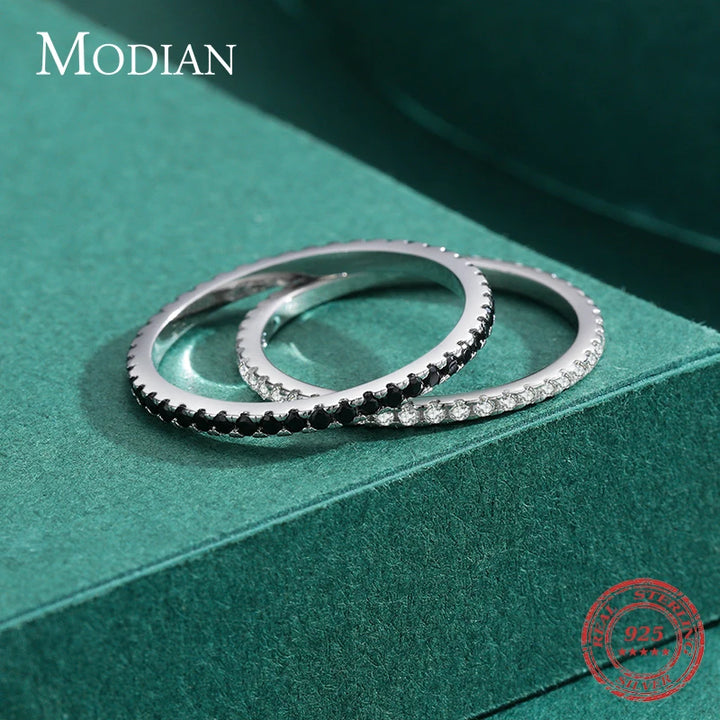 MODIAN Real Silver Black Zirconia Stackable Rings Fashion Crystal 925 Sterling Silver Finger Rings for Women Party Fine Jewelry