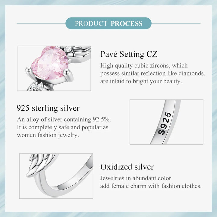 BAMOER 925 Sterling Silver Angel Wing Ring for Women Fine Jewelry Pink Heart Zircon Eternity Band Ring Wedding Gift SCR874