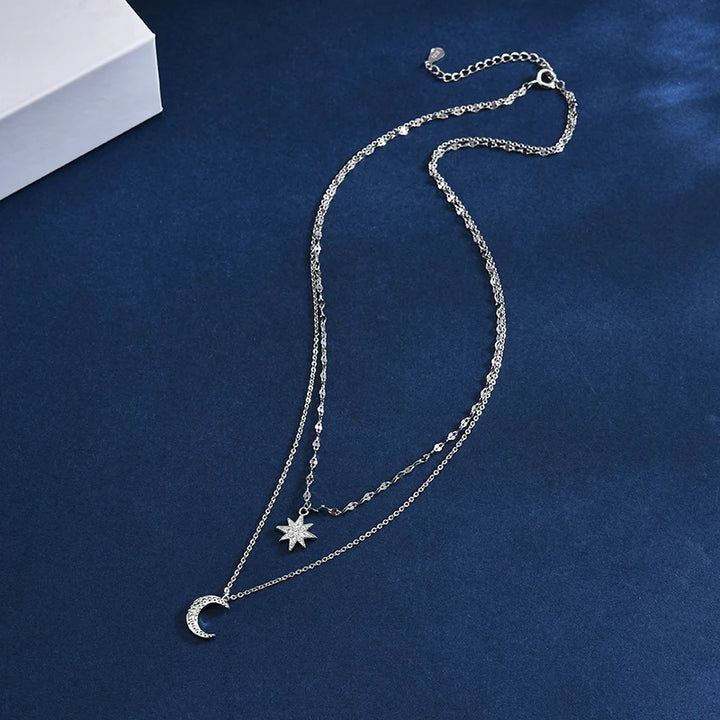 Hot S925 Silver Double Star Chain Layer Moon Clavicle Necklace Female Fashion Hip-hop Retro Unique Design Wedding Fine Jewelry