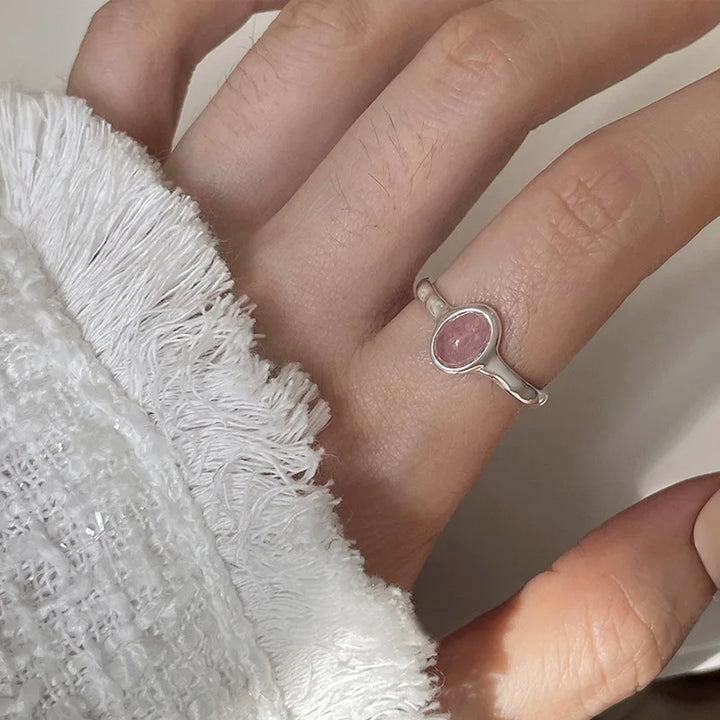 925 Sterling Silver Simple Retro Pink Stone Rings For Women Geometric Fashion Smiple Open Handmade Allergy Party Jewelry Gift