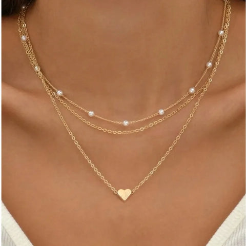 14K Gold Plated Pearl Necklace Love Heart Pendant