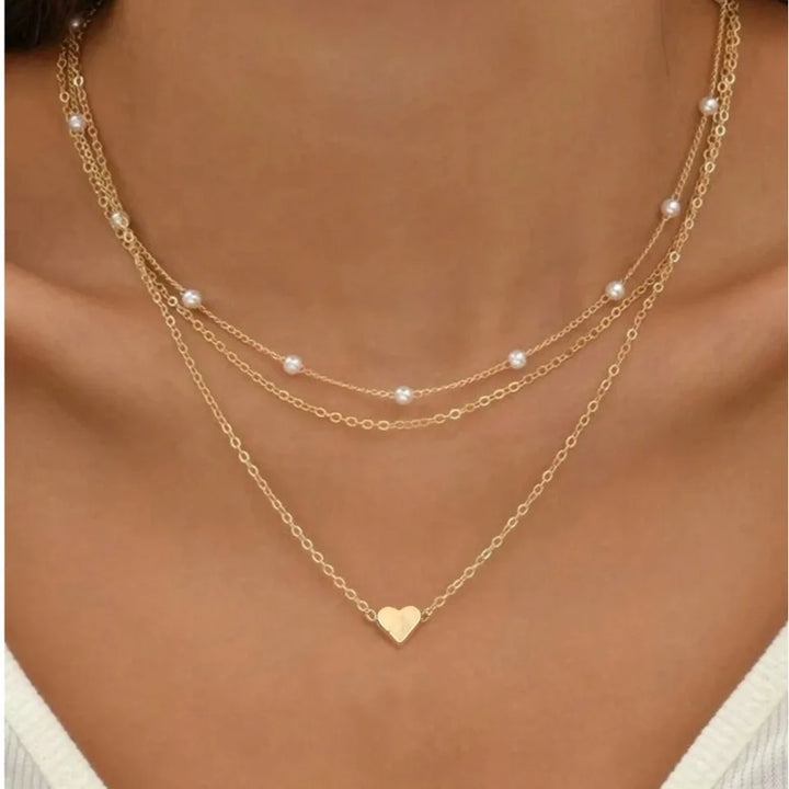 14K Gold Plated Pearl Necklace Love Heart Pendant