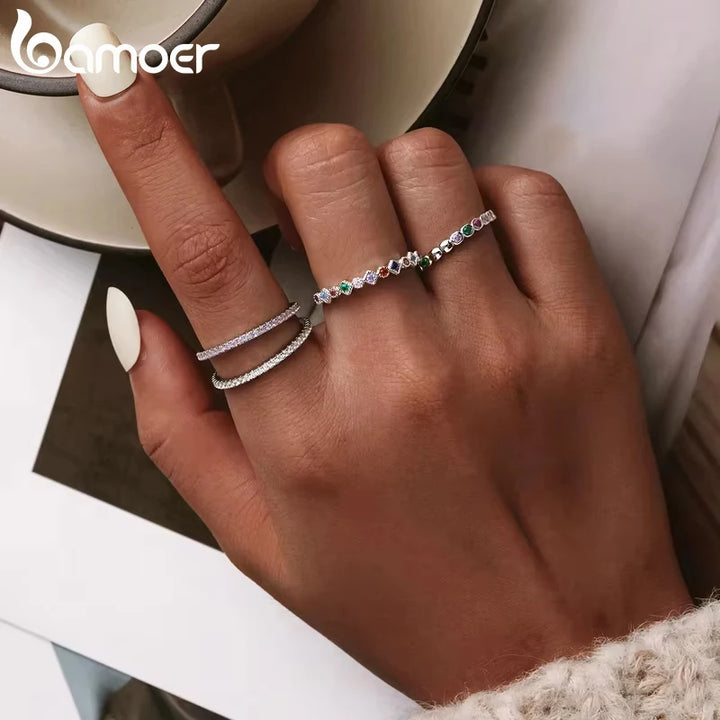 BAMOER 925 Sterling Silver Rainbow Zircon Finger Ring for Women Trendy Fashion Dazzling CZ Stone Anillos Jewelry Gift SCR714