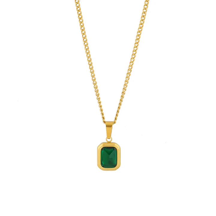 OIMG 316L Stainless Steel Gold Plated Emerald Zirconia Geometric Square Pendant Necklace For Women Girls Temperament Jewelry